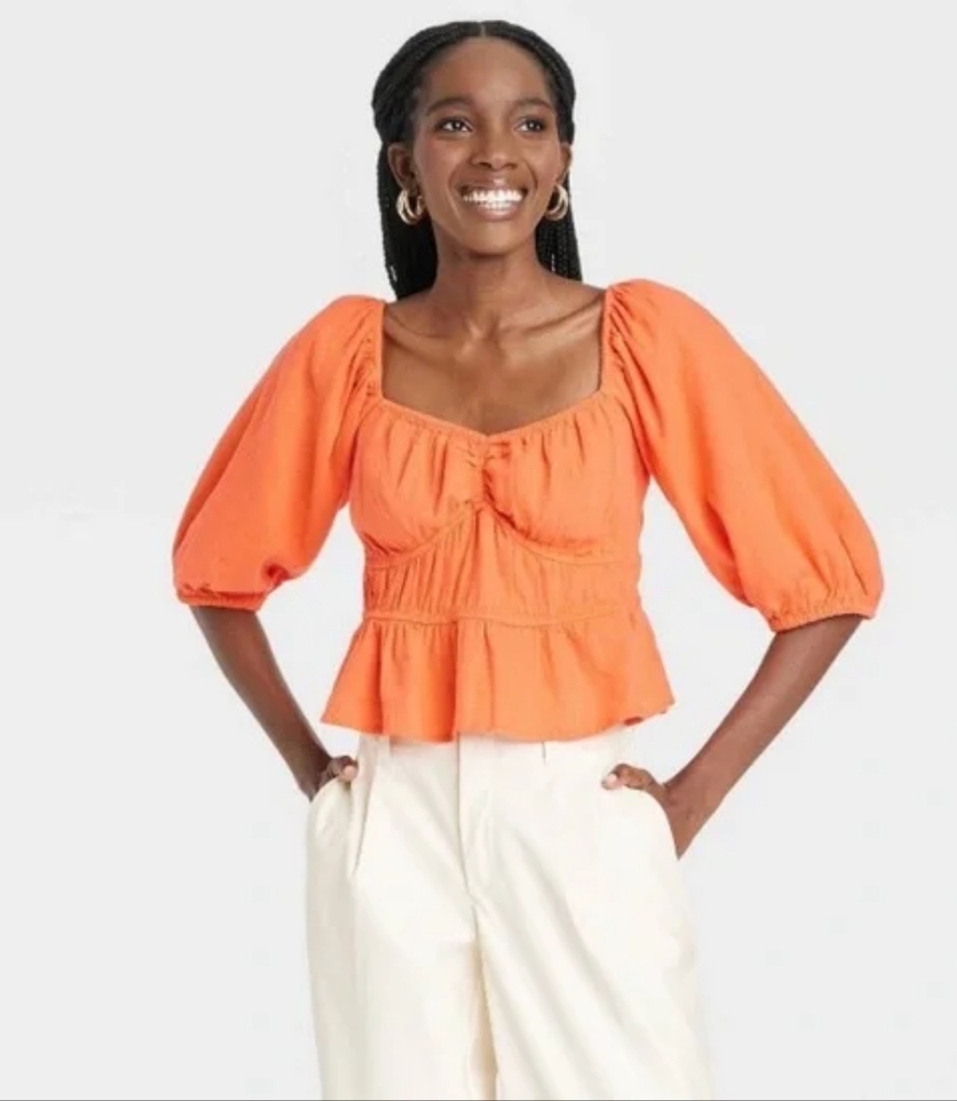 A New Day Orange Smocked Peplum Blouse with Puff Sleeves